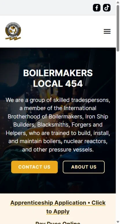 Actual mobile website view for Boilermakers Local 454