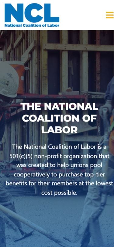 National Coalition of Labor homepage on mobile, with its logo, construction photograph and introductory headline