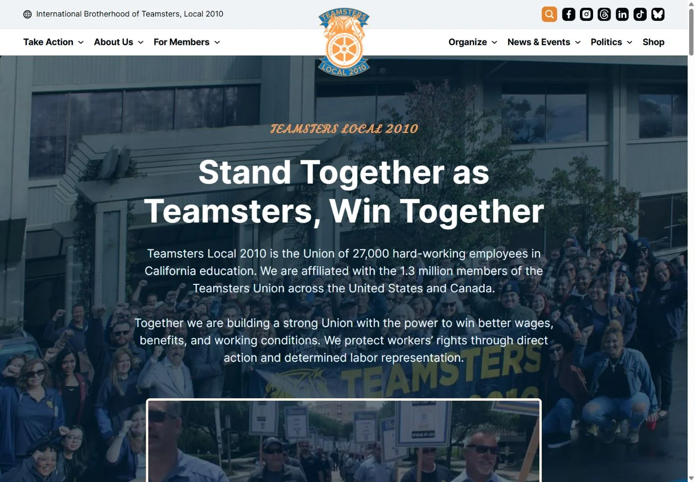 Teamsters Local 2010 website homepage on desktop