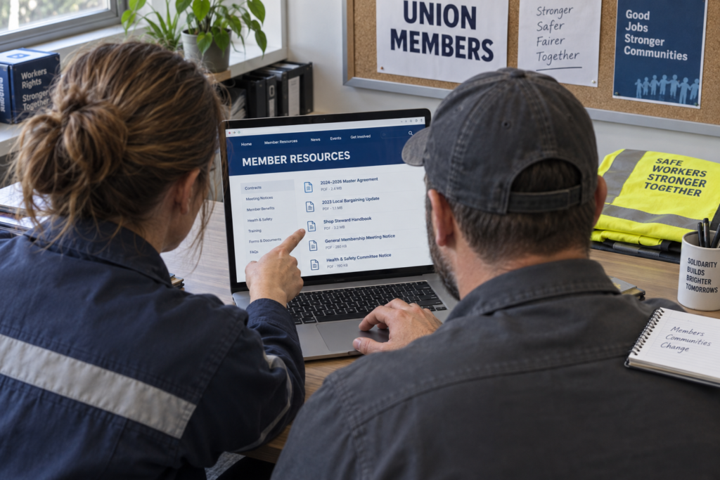 Union members using a laptop to find member resources