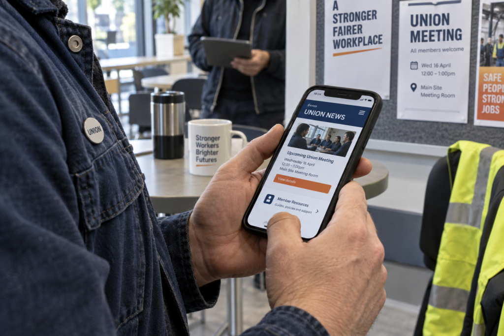 A union member checking news and meeting information on a phone
